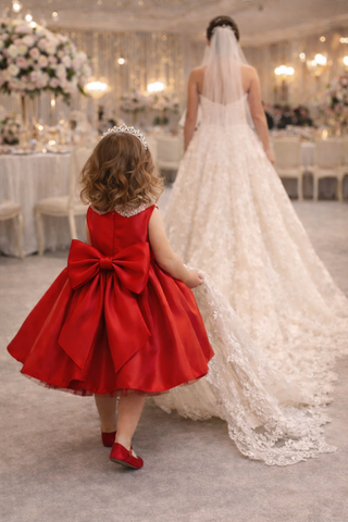 Red Satin Peter Pan Collar Embellished Puffy Dress