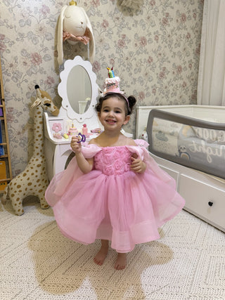 Royal Pink Rose Organza Sleeve Embellished Girl's Evening Dress