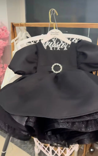 Oscar Satin Black Belted Designer Dress