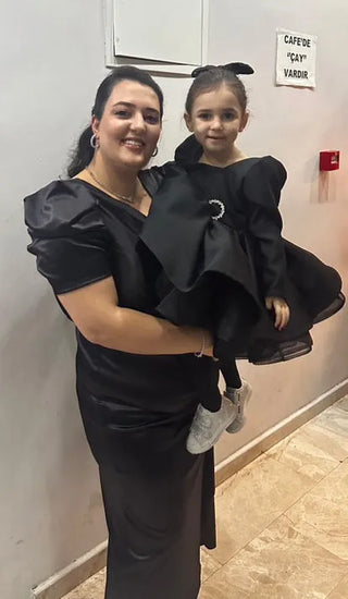 Oscar Satin Black Belted Designer Dress