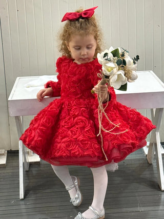 Vanessa Red Long Sleeve Rose Embossed Girl's Evening Dress