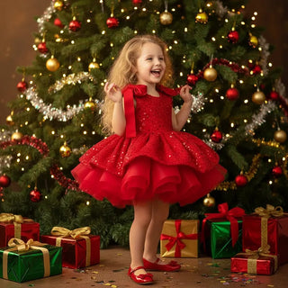 Hazel Red Embellished Dress with Ribbon on Shoulders