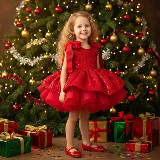 Hazel Red Embellished Dress with Ribbon on Shoulders