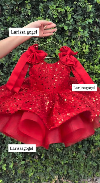 Hazel Red Embellished Dress with Ribbon on Shoulders