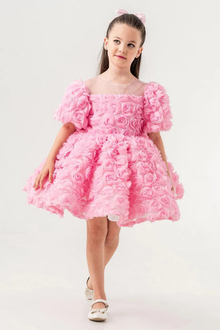 Magnolia Pink Rose Embossed Girl's Evening Dress