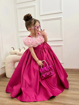 Fuchsia Satin Long Shoulder Organza Rose Girl Evening Dress