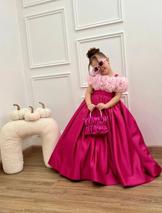 Fuchsia Satin Long Shoulder Organza Rose Girl Evening Dress