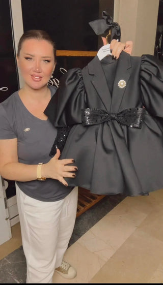 Minty Jacket Collar Black Girl's Evening Dress