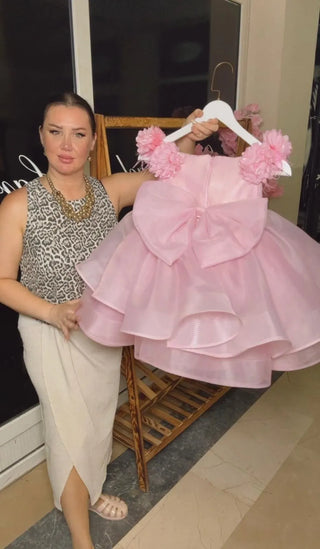 Royal Pink Organza Sleeved Floral Girl's Evening Dress