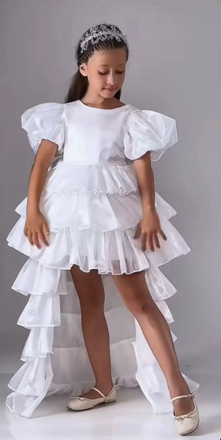 Cloudy White Girl's Evening Dress with Tail