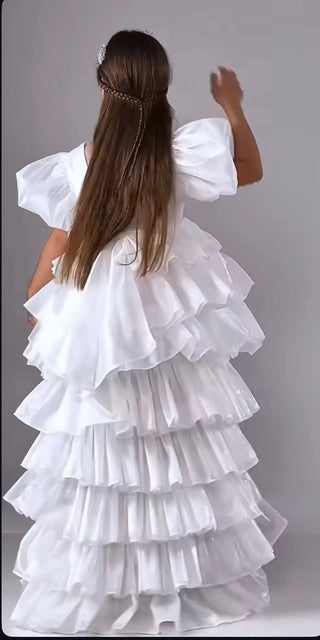 Cloudy White Girl's Evening Dress with Tail