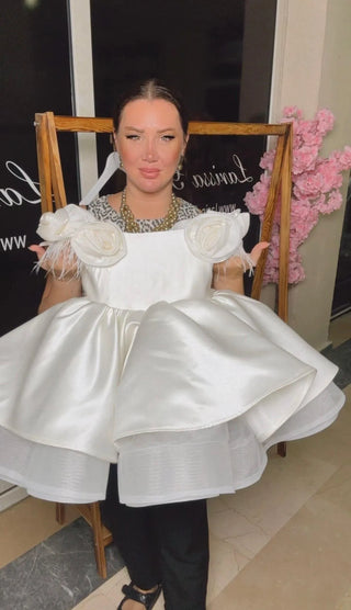 Royal White Sleeved Floral Girl's Evening Dress