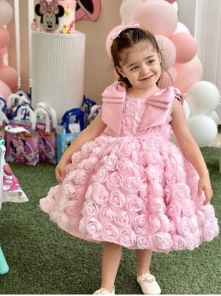 Olympus Powder Pink Sleeveless Girls' Evening Dress with Bow Detail on the Shoulders