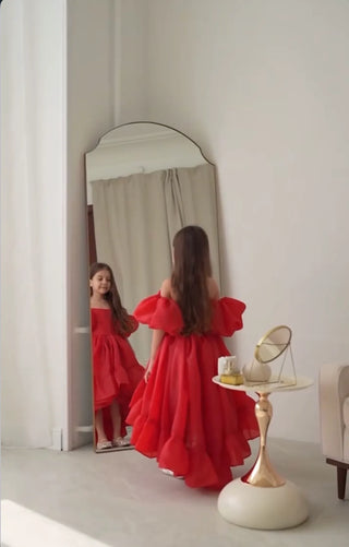 Elizya Red Organza Fabric Girl's Dress with Train