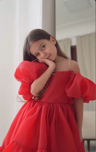 Elizya Red Organza Fabric Girl's Dress with Train