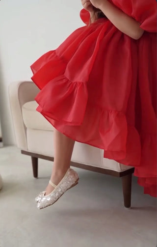 Elizya Red Organza Fabric Girl's Dress with Train