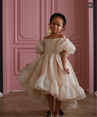 Elizya Beige Organza Fabric Girl's Dress with Train