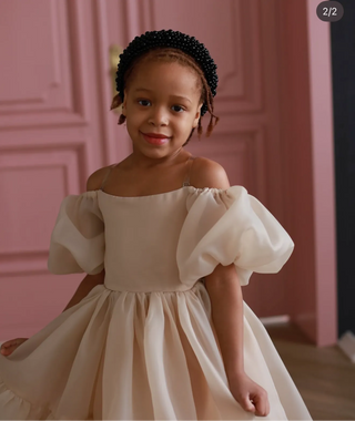 Elizya Beige Organza Fabric Girl's Dress with Train