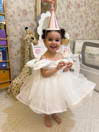 Royal White Rose Organza Sleeve Embellished Girl's Evening Dress