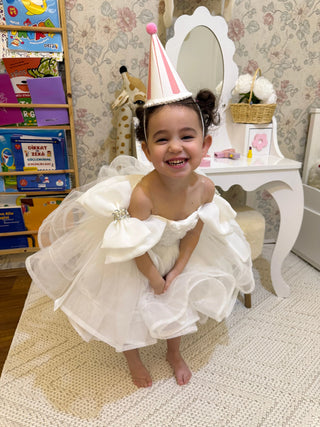 Royal White Rose Organza Sleeve Embellished Girl's Evening Dress