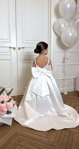 Elsa Off-White Satin Train Baby Girl Wedding Dress