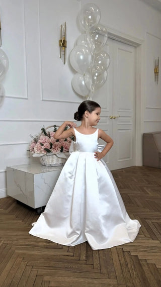 Elsa Off-White Satin Train Baby Girl Wedding Dress