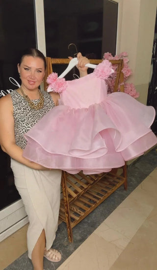 Royal Pink Organza Sleeved Floral Girl's Evening Dress