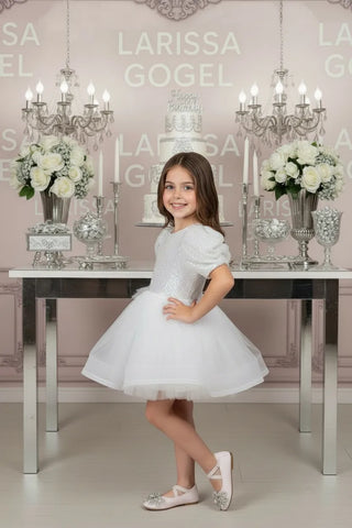 Diana White V-Back Embellished Beaded Lettuce Skirt Dress