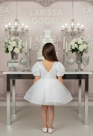 Diana White V-Back Embellished Beaded Lettuce Skirt Dress