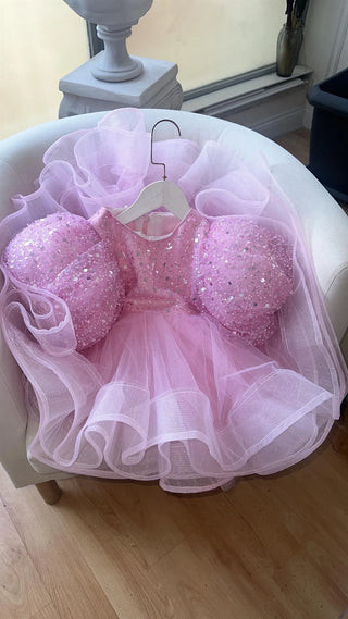 Diana Pink Tulle Embellished Lettuce Skirt Dress