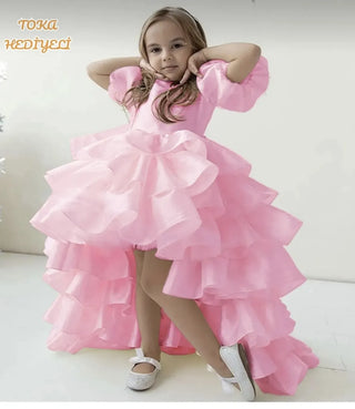Cloudy Pink Girl's Evening Dress with Tail