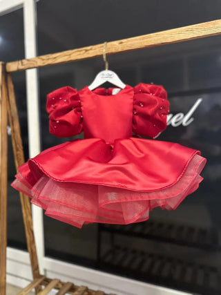 Barbara the Pearl Embroidered Satin Red Lettuce Skirt Girl's Dress