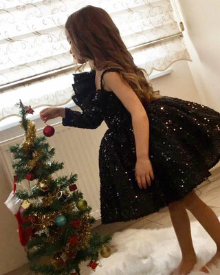 Milano Black Velvet Sequin One-Sleeve Double Valance Dress