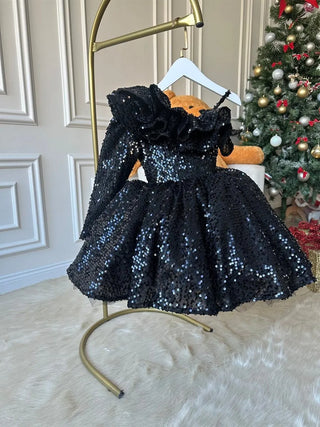 Milano Black Velvet Sequin One-Sleeve Double Valance Dress