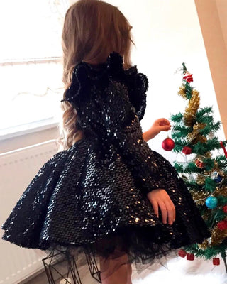 Milano Black Velvet Sequin One-Sleeve Double Valance Dress