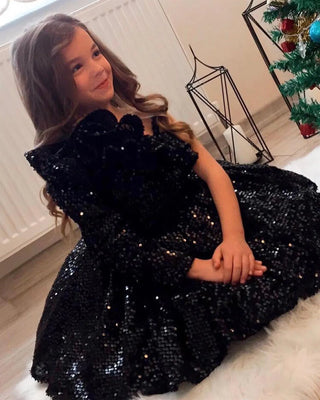 Milano Black Velvet Sequin One-Sleeve Double Valance Dress