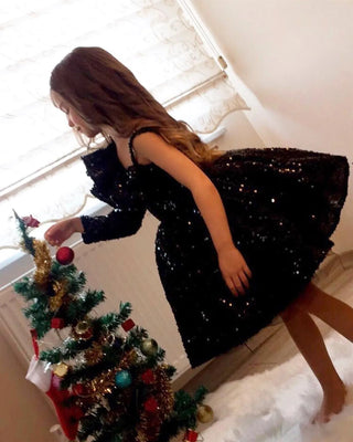 Milano Black Velvet Sequin One-Sleeve Double Valance Dress