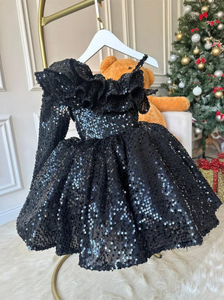 Milano Black Velvet Sequin One-Sleeve Double Valance Dress