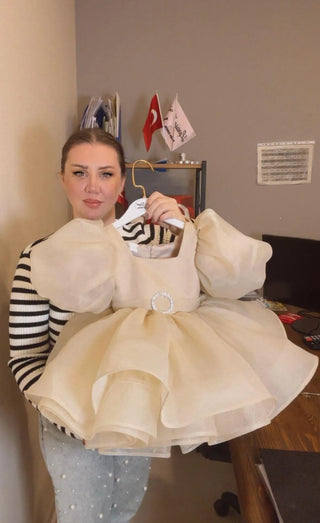 Oscar Beige Belted Designer Dress