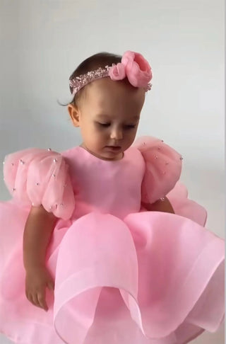 Pearl-embroidered Barbara Pink Lettuce Skirt Girl's Dress